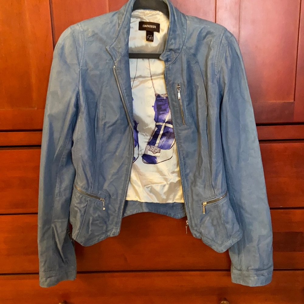 blue leather jacket